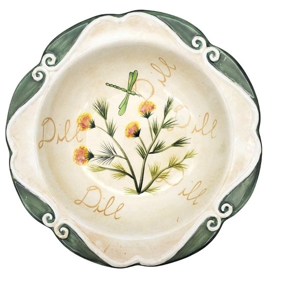 Blooming Herb Dill Ceramic Bowl Dragon Fly Hand Painted Patricia‎ Brubaker 9" - Picture 1 of 5